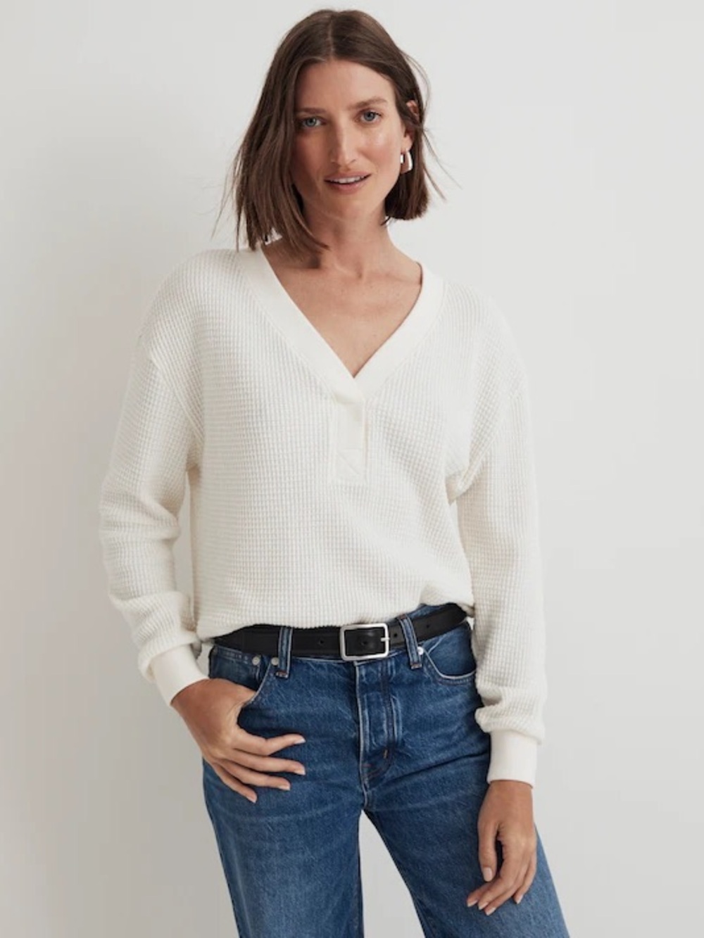 Madewell Olive Green Brushed Waffle-Knit V-Neck Pullover